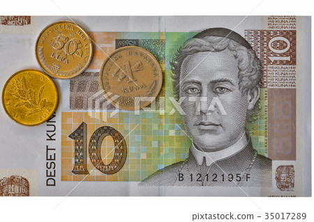 Croatian currency 10 Kuna banknote macro and coins Croatian currency 10 Kuna banknote macro and coins 35017289
