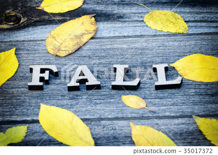 Word Fall and yellow leaves on a wooden background 35017372