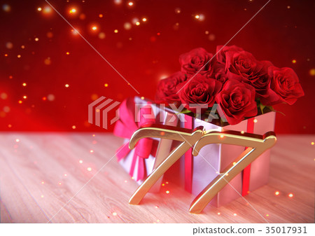 birthday concept with red roses in gift on wooden 35017931