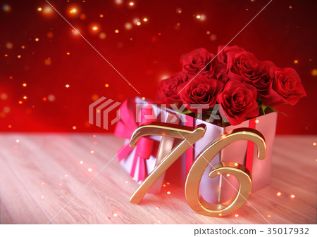 birthday concept with red roses in gift on wooden 35017932