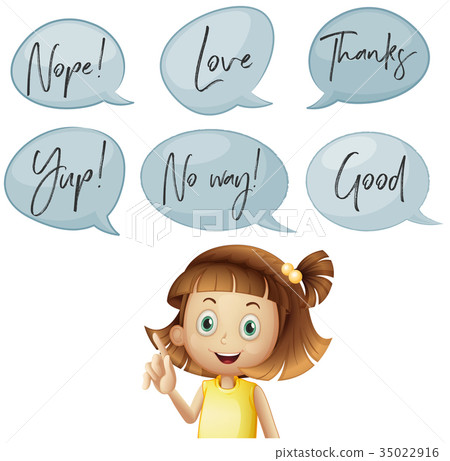 Girl and different speech bubbles with words 35022916