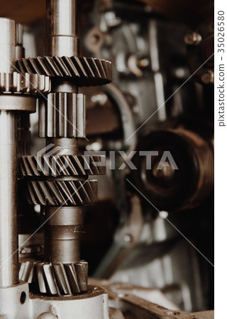 Disassembled car dirty engine and gear at garage Disassembled car dirty engine and gear at garage 35026580