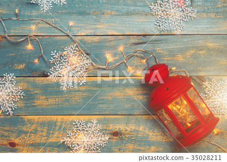 Christmas background with decorations on wooden Christmas background with decorations on wooden 35028211