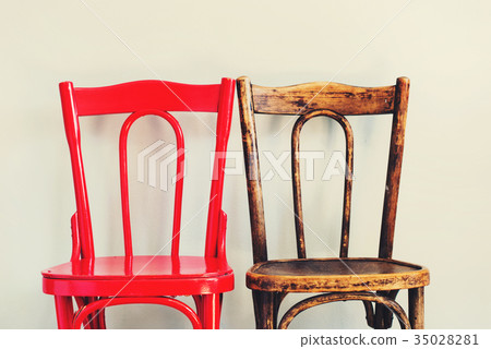 Pair Red Brown Chairs Near Beige Wall Interior 35028281