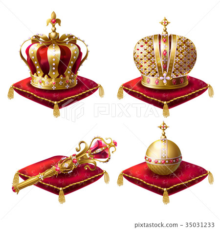 Royal crowns, scepter and orb realistic vector set Royal crowns, scepter and orb realistic vector set 35031233
