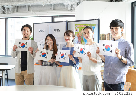 Language school Korean students raising a national flag 35031255