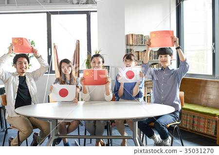 Language school Students holding national flag China Japan 35031270
