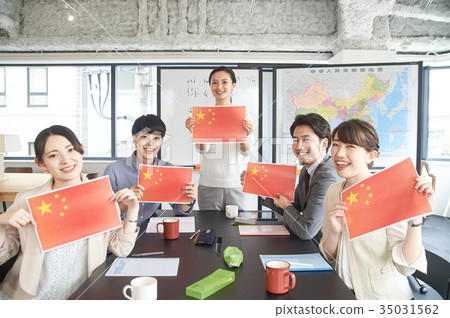 Language school Students holding national flag China 35031562
