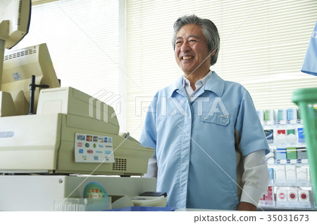 Senior working at a convenience store 35031673