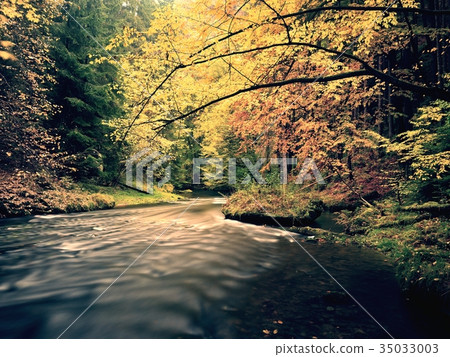 Dreamy sunset above mountain in autumn forest Dreamy sunset above mountain in autumn forest 35033003