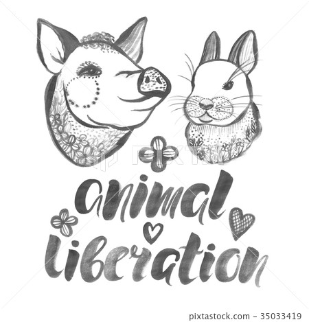 Watercolor poster with farm animals Pig and Rabbit 35033419