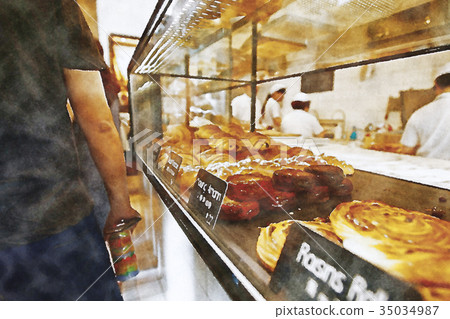 Cafe Illustration Cake Bread Clerk Customer 35034987