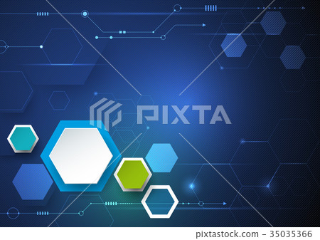 Circuit board and 3d paper hexagons background 35035366