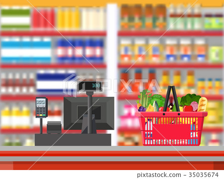 Supermarket interior. Cashier counter workplace. Supermarket interior. Cashier counter workplace. 35035674