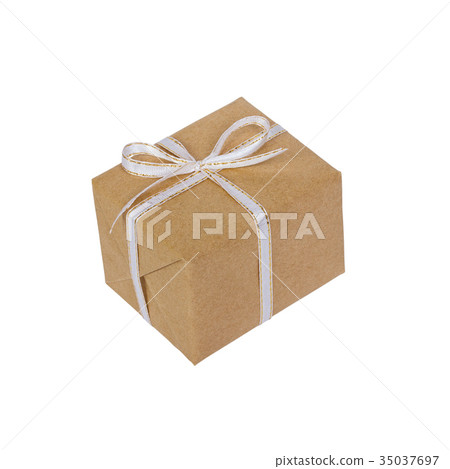 wrapped brown present box with white ribbon bow wrapped brown present box with white ribbon bow 35037697
