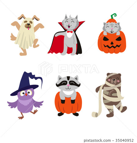 Flat Animal Characters In Halloween Costumes Stock Illustration