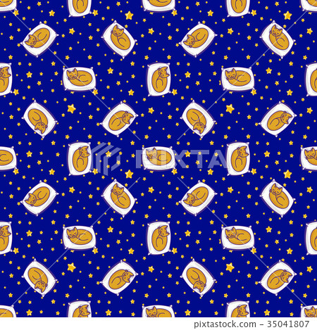 Cute kid pattern, sleeping cat on stars background Cute kid pattern, sleeping cat on stars background 35041807