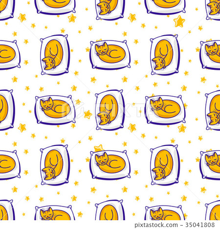 Cute kid pattern, sleeping cat on stars background Cute kid pattern, sleeping cat on stars background 35041808