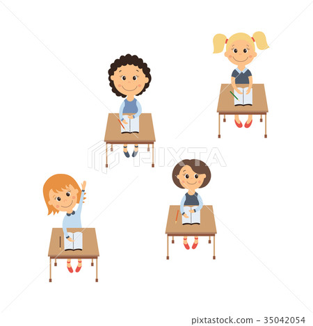 Vector Flat Children Sitting At Desk Set Stock Illustration