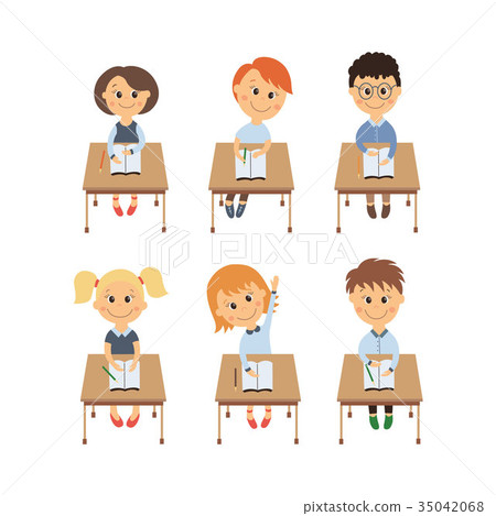 Vector Flat Children Sitting At Desk Set Stock Illustration