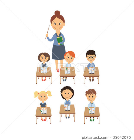 Vector Flat Children Sitting At Desk Teacher Set Stock