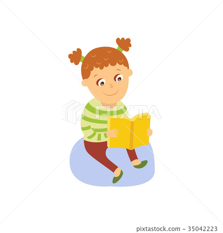 Little girl reading a book, sitting on the floor - Stock Illustration ...