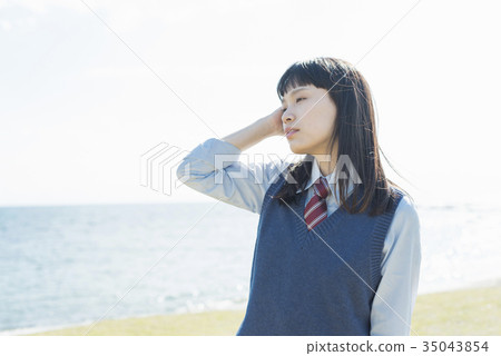 High school girl sea meadow High school girl sea meadow 35043854
