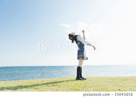 High school girl sea meadow relax 35043858