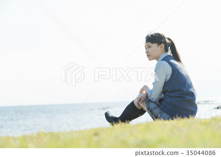 High school girl sea meadow sit 35044086