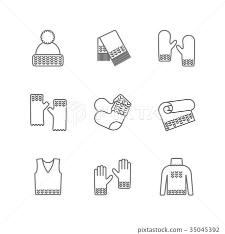 Knit winter clothes icon set. Knitting clothes Knit winter clothes icon set. Knitting clothes 35045392