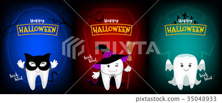 Scary tooth character of black cat, witch, ghost. 35048933