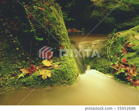 Weir in mountain stream. Colorful leaves on stones 35052686