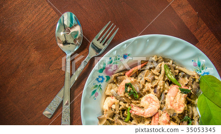 Stir Fried Shrimp Mushrooms in White Plate Stir Fried Shrimp Mushrooms in White Plate 35053345