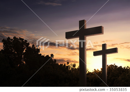 Christian cross in the field with trees Christian cross in the field with trees 35053835