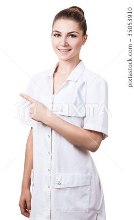 Happy young female doctor point by finger. 35053910