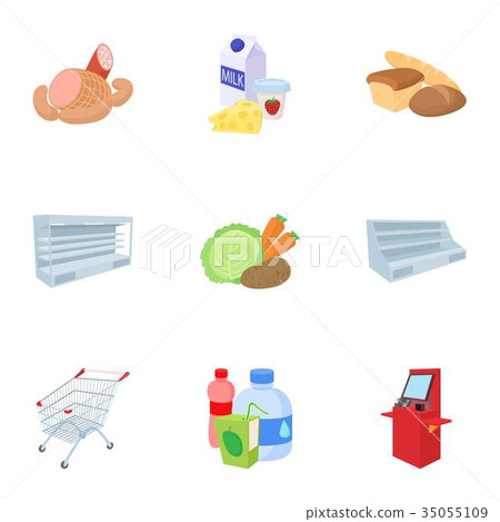 Buying products in store icons set, cartoon style Buying products in store icons set, cartoon style 35055109