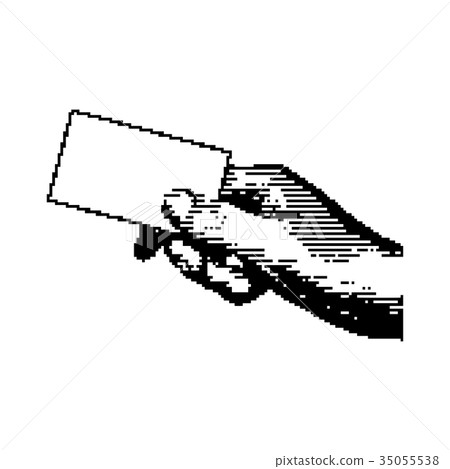 black 8-bit right hand holding blank card 35055538