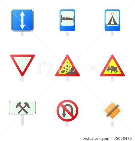 Sign on road icons set, cartoon style Sign on road icons set, cartoon style 35058476