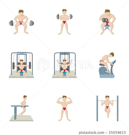 Training in gym icons set, cartoon style 35059615