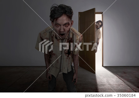 Scary two asian zombies come into dark room Scary two asian zombies come into dark room 35060184