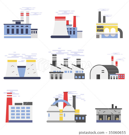 Industrial factory buildings set, power and - Stock Illustration ...