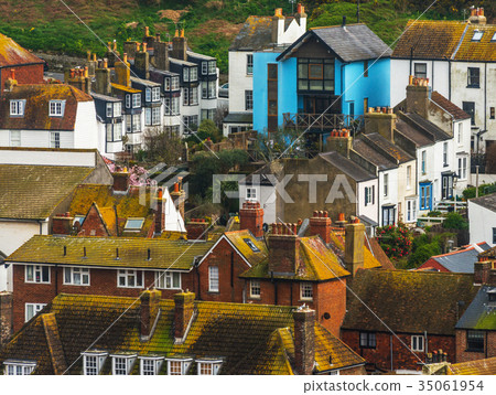 Roofs of buildings covered with green moss 35061954