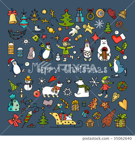 Set of colored doodles of merry christmas icons Set of colored doodles of merry christmas icons 35062640