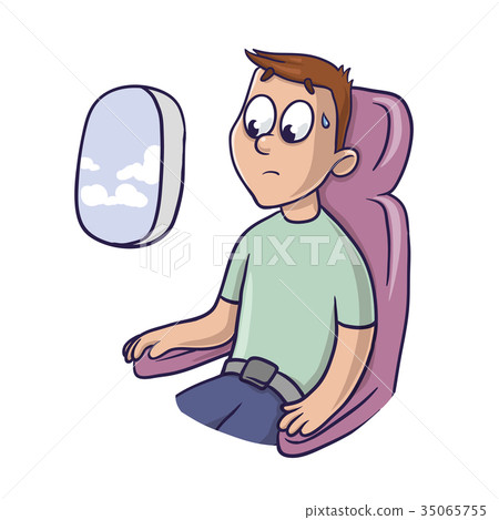 Worried frightened man in the airplane seat at the Worried frightened man in the airplane seat at the 35065755