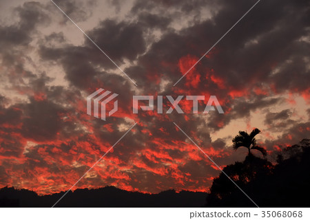 風景 天空 雲彩 火燒雲 傍晚 夕陽 彩霞 彩雲 夕照 晚霞 紅霞 多雲 天氣 日月潭 台灣 檳榔樹 35068068