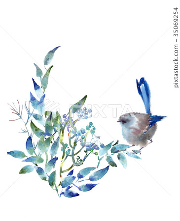 Hand drawing watercolor autumn leaves and bird Hand drawing watercolor autumn leaves and bird 35069254