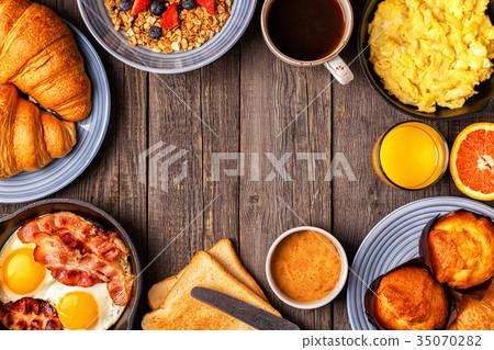 Delicious breakfast on a rustic table. 35070282