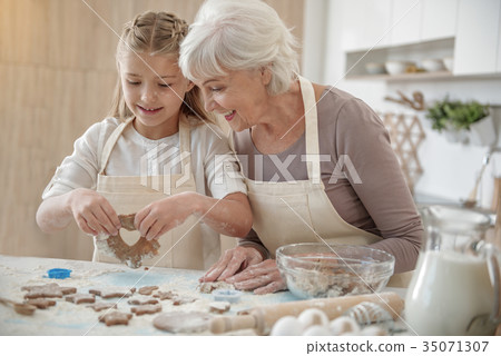 Cheerful grandchild making cookies with granny Cheerful grandchild making cookies with granny 35071307
