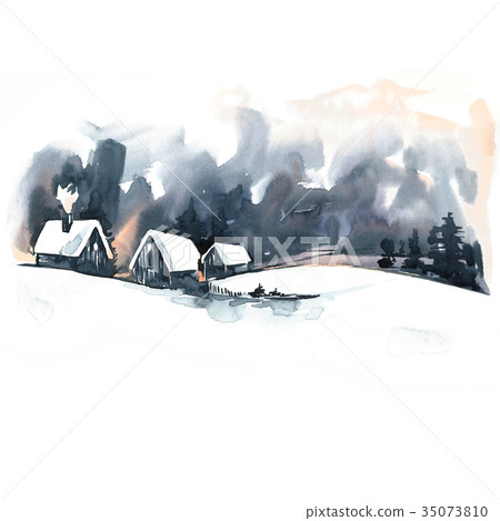 Watercolor Winter Landscape. Vintage Christmas Watercolor Winter Landscape. Vintage Christmas 35073810