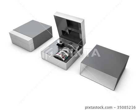 3D Illustraton of Digital photo camera in the box 35085216